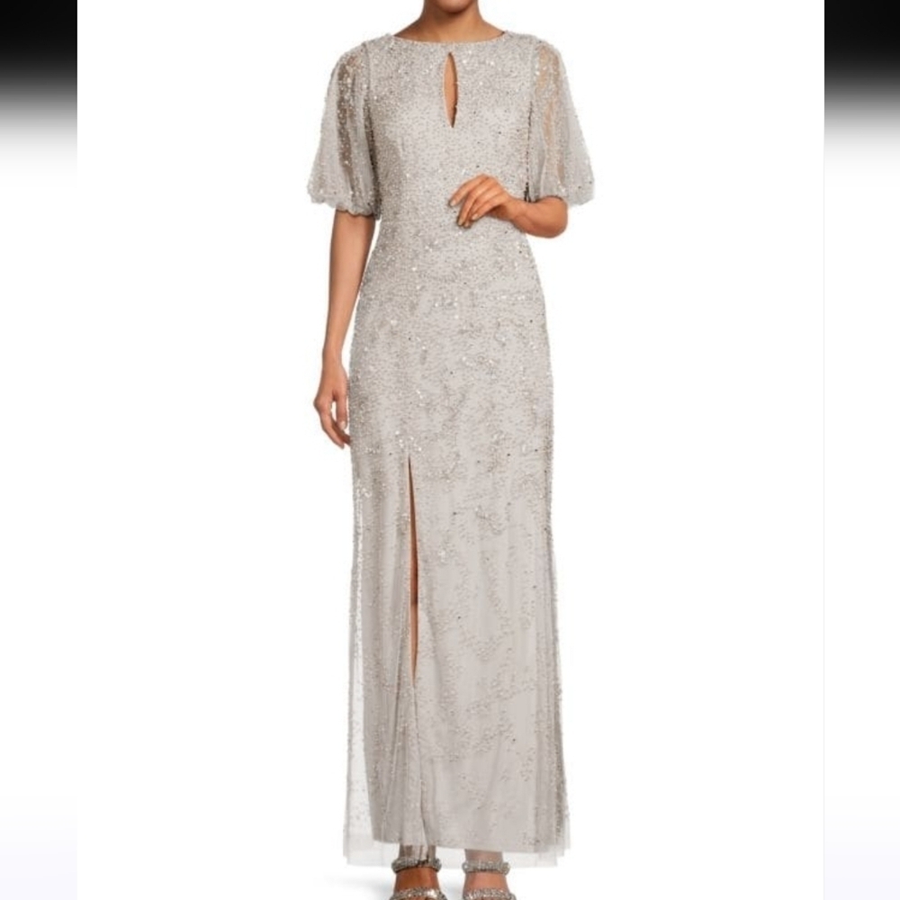 Aidan Mattox Silver Sequin and Pearl Dress